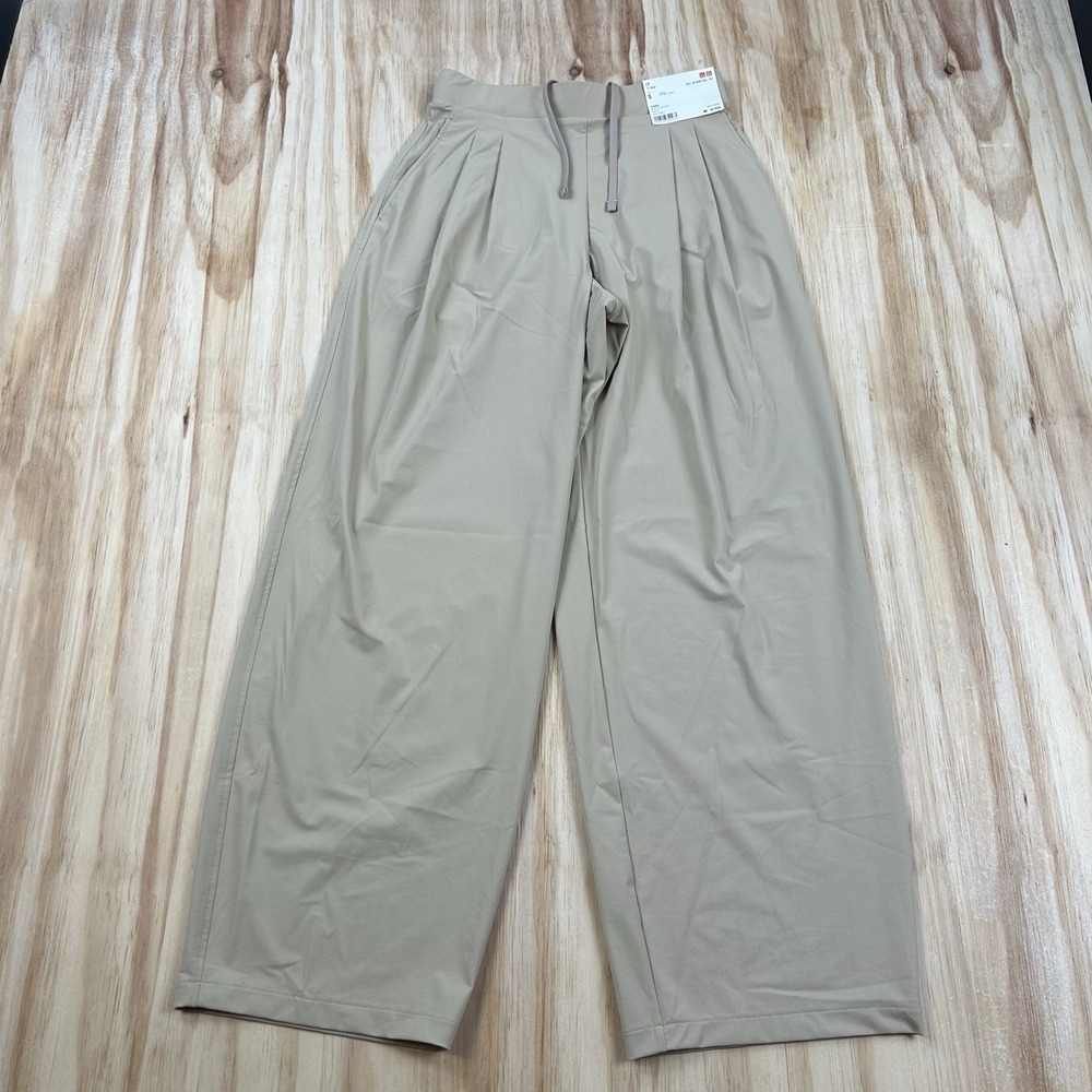 UNIQLO NEW Women's Pleated Wide Leg Relaxed Baggy Pants Beige Small Drawstring